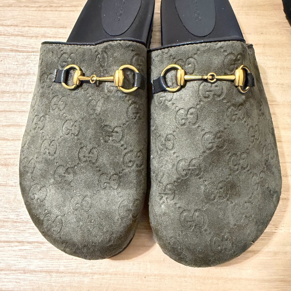Olive Green Suede Slip-On Loafers with Gold Horsebit